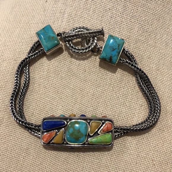 BARSE Sterling Silver Turquoise Coral Lapis Cabochon Thai Weave Toggle Bracelet - Picture 15 of 15